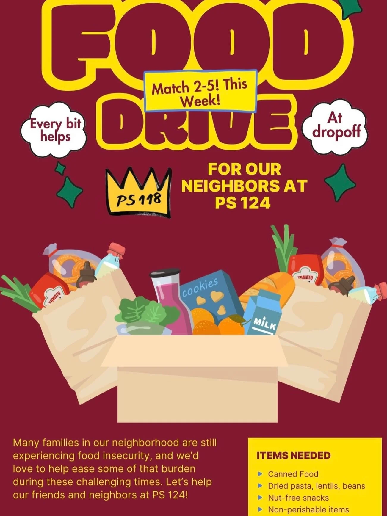 Community is about looking out for one another, especially during challenging times. Our friends and neighbors at PS 124 are organizing a food distribution to support families experiencing food insecurity.  We know the PS 118 community never backs do