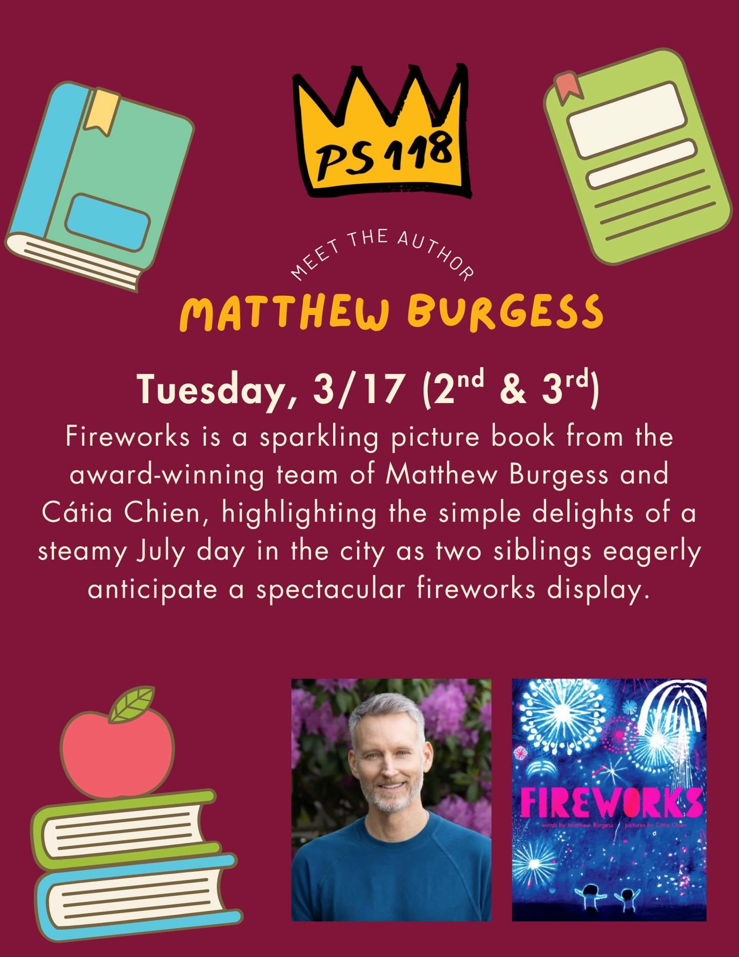 Tomorrow! We welcome the first author in our Meet the Author series to PS118! We can&rsquo;t wait to meet you @matthewburgessj!!