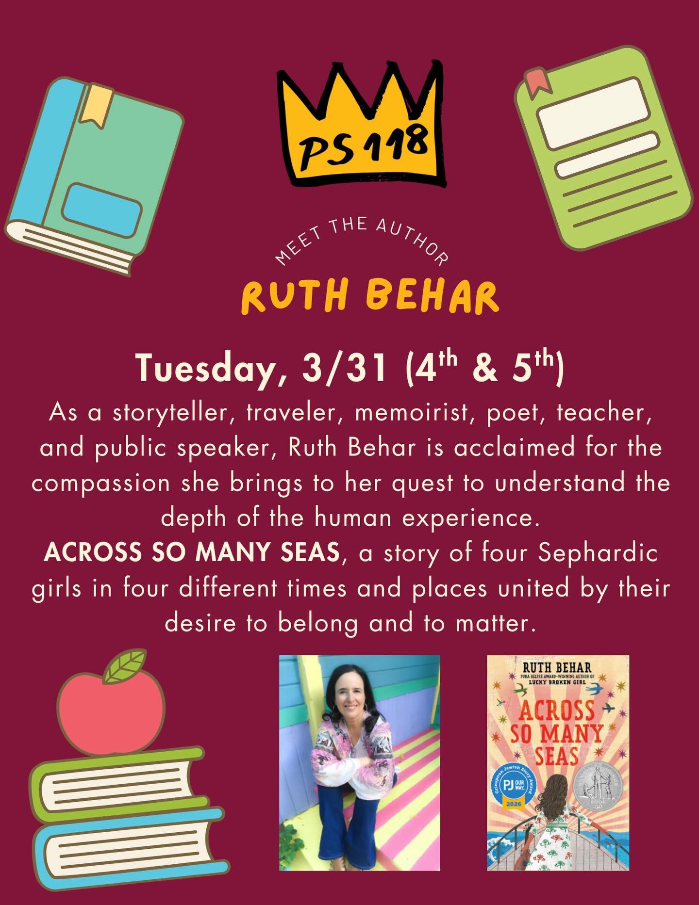 Our Meet the Author series continues on Tuesday as we welcome @ruthbeharauthor to meet the 4th and 5th graders. Can&rsquo;t wait to see you, Ruth!
