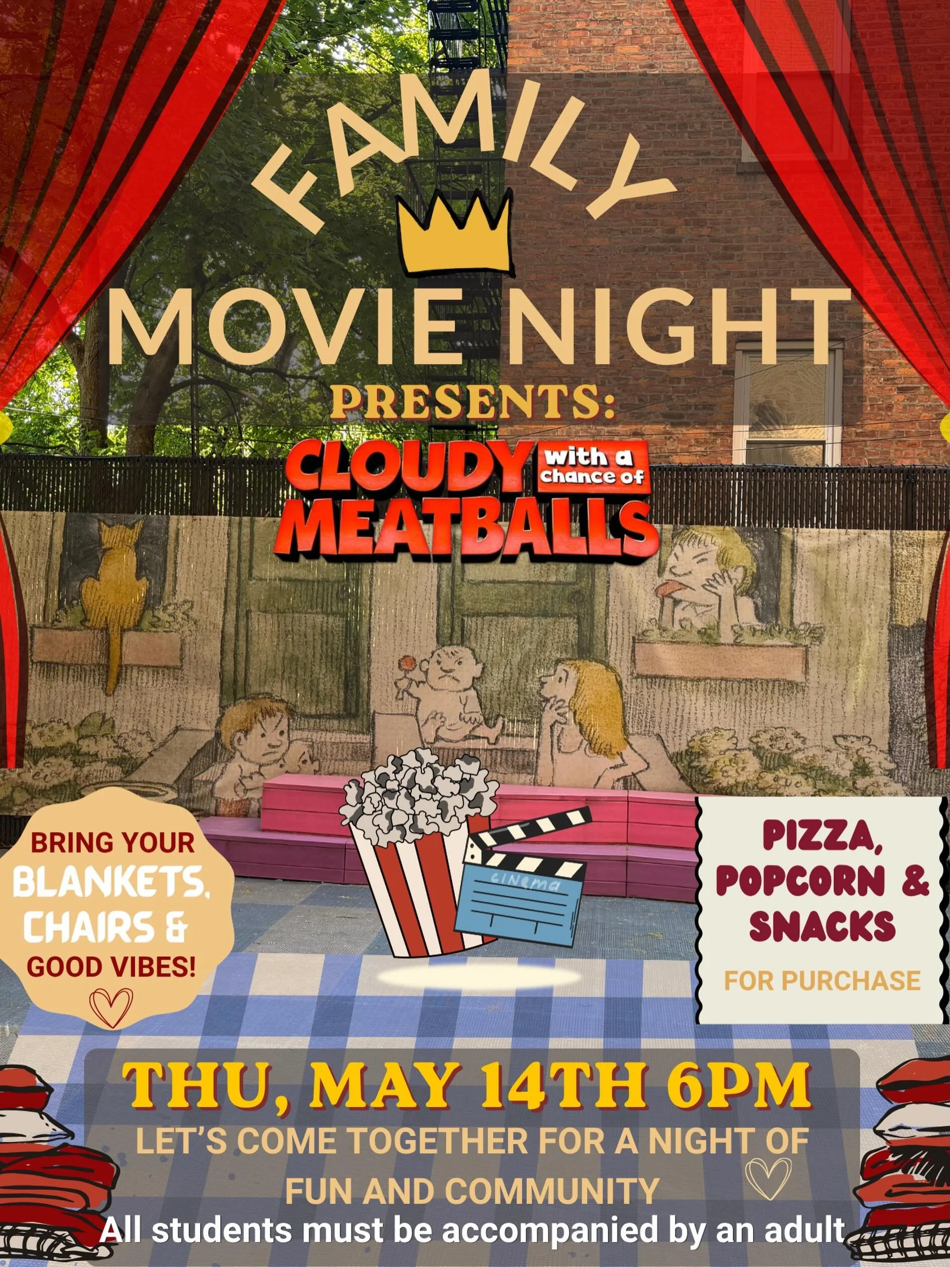 Spring Movie Night is Coming! 🎬🍿🍕

Join us for a fun evening under the stars featuring Cloudy with a Chance of Meatballs (PG, 90 minutes) a crowd-pleasing favorite for all ages! 🍝☁️

Bring lawn chairs and/or a picnic blanket and cozy up with your