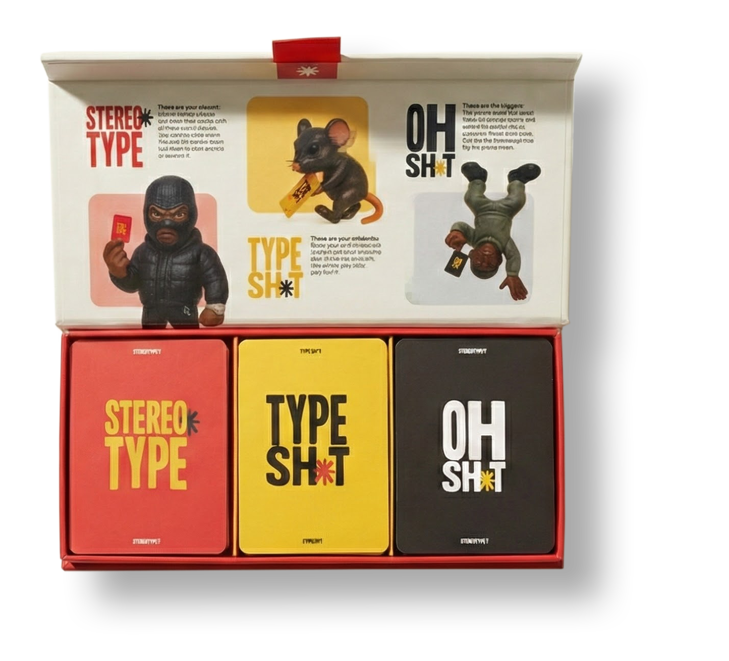 A set of three colorful cards labeled 'Stereo Type', 'Type Sh*t', and 'O H Sh*t' inside a red box, with a box cover showing cartoonish figures representing the same phrases.