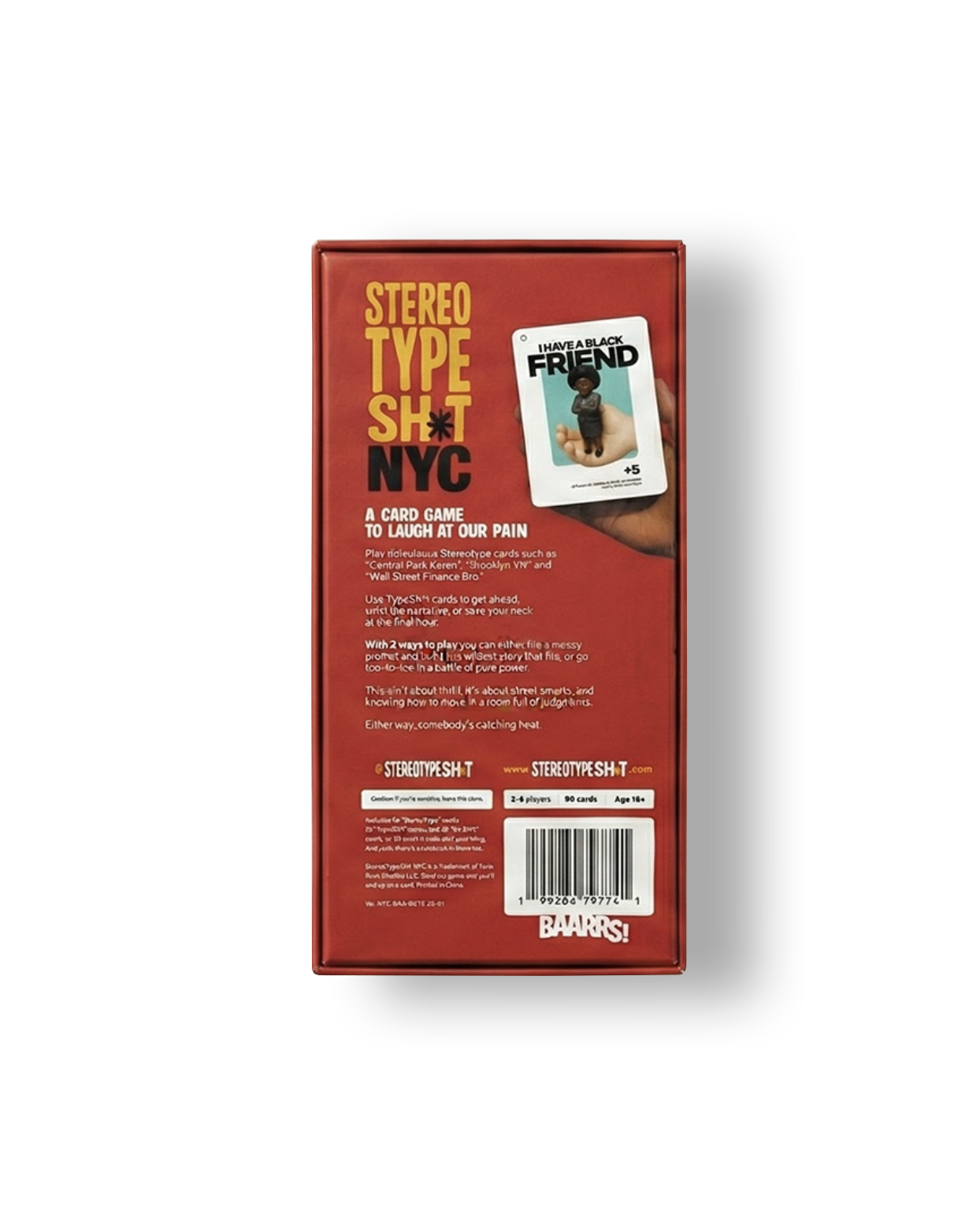Red box packaging for Stereotype Sh*t NYC card game featuring a small card with a figure and text, bar code at the bottom, and various descriptive texts.