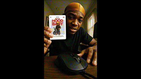 Person holding a hooded baby T-shirt gift card in front of a computer mouse on a wooden desk.