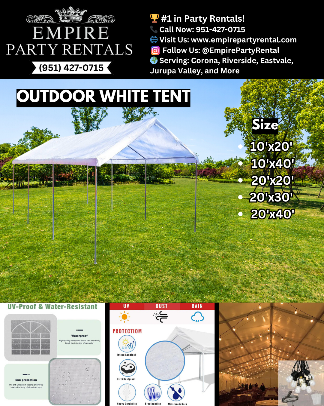 Flyer for Empire Party Rentals promoting outdoor white tents in various sizes, with a large white tent set up on a grassy field under a clear blue sky, and smaller images showing features like waterproof fabric, UV protection, and interior lighting.