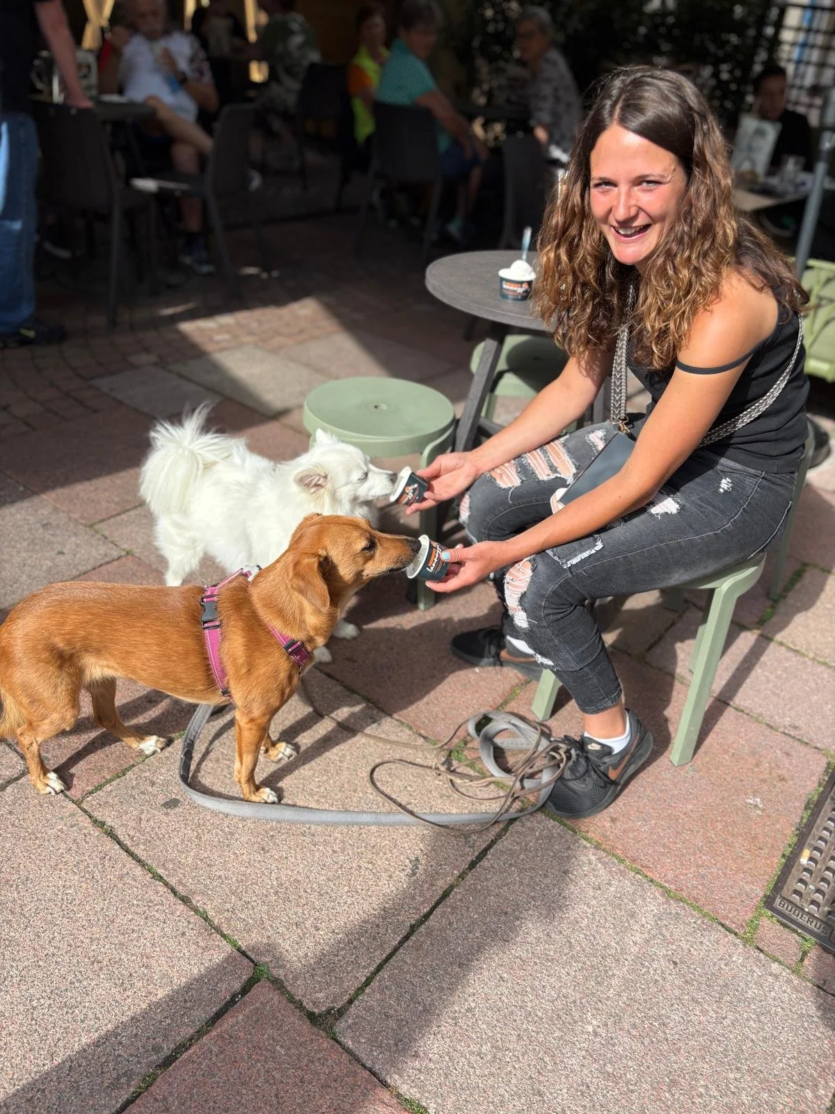 Eine lachende junge Frau sitzt auf einem schwarzen Stuhl im Außenbereich eines Cafés, während sie drei kleine Hunde füttert, die Leckereien aus Bechern essen. Im Hintergrund sitzen mehrere Personen an Tischen.