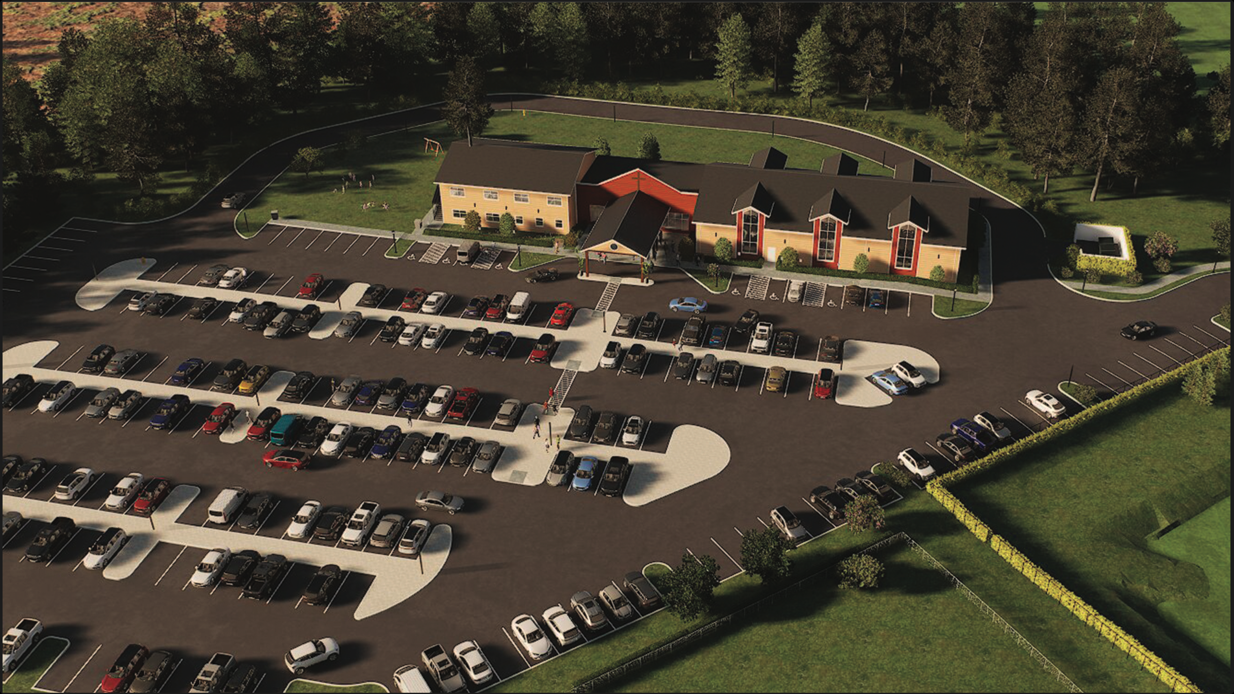 A large parking lot with numerous cars surrounding a modern multi-story building with large windows, landscaped grounds, and trees in the background.