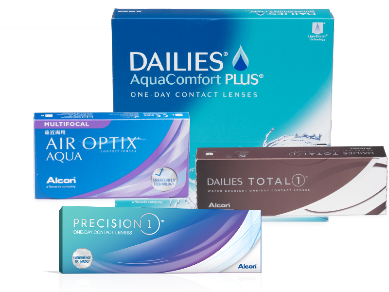 A display of five boxes of contact lenses from the brand Alcon, including Dailies AquaComfort Plus, Dailies Total1, Precision1, Air Optix Aqua, and a multicolored box of contact lenses - Alcon Brand.