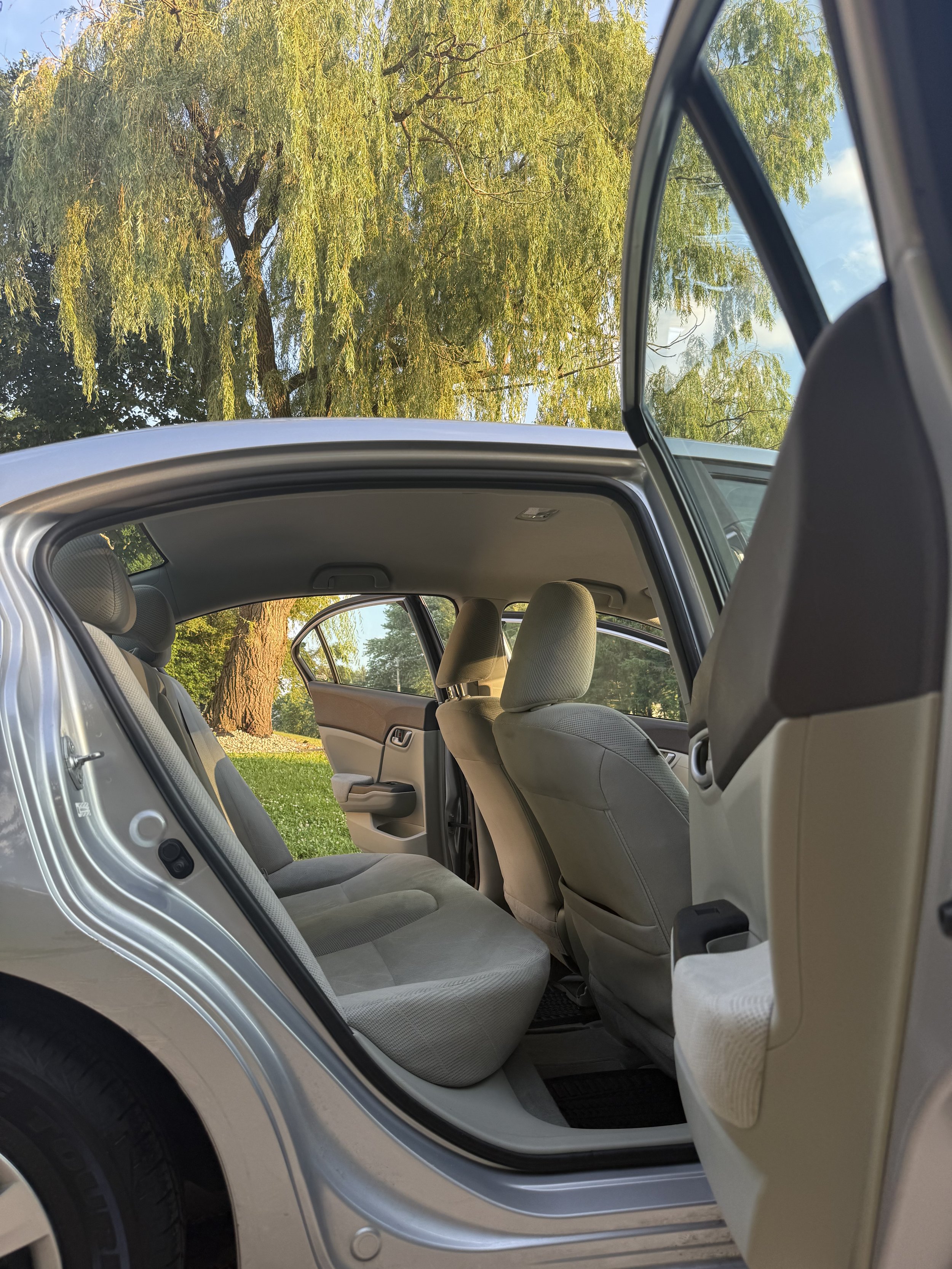 Open rear door of a silver car showing beige interior seats and a green outdoor background with trees and grass.