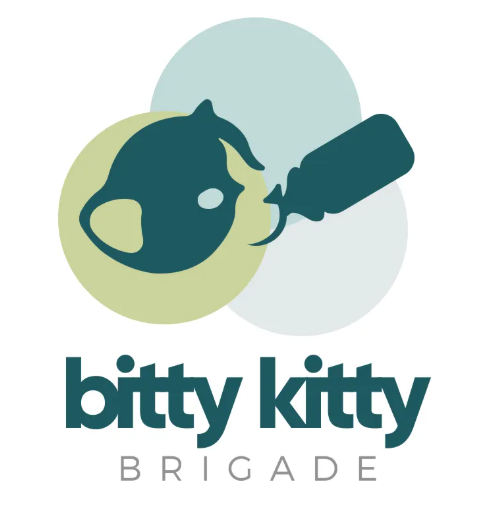 Logo of Bitty Kitty Brigade featuring a stylized black kitten head with a bottle in front of overlapping pastel-colored circles.