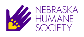 Logo of the Nebraska Humane Society featuring a purple hand with a yellow paw print.