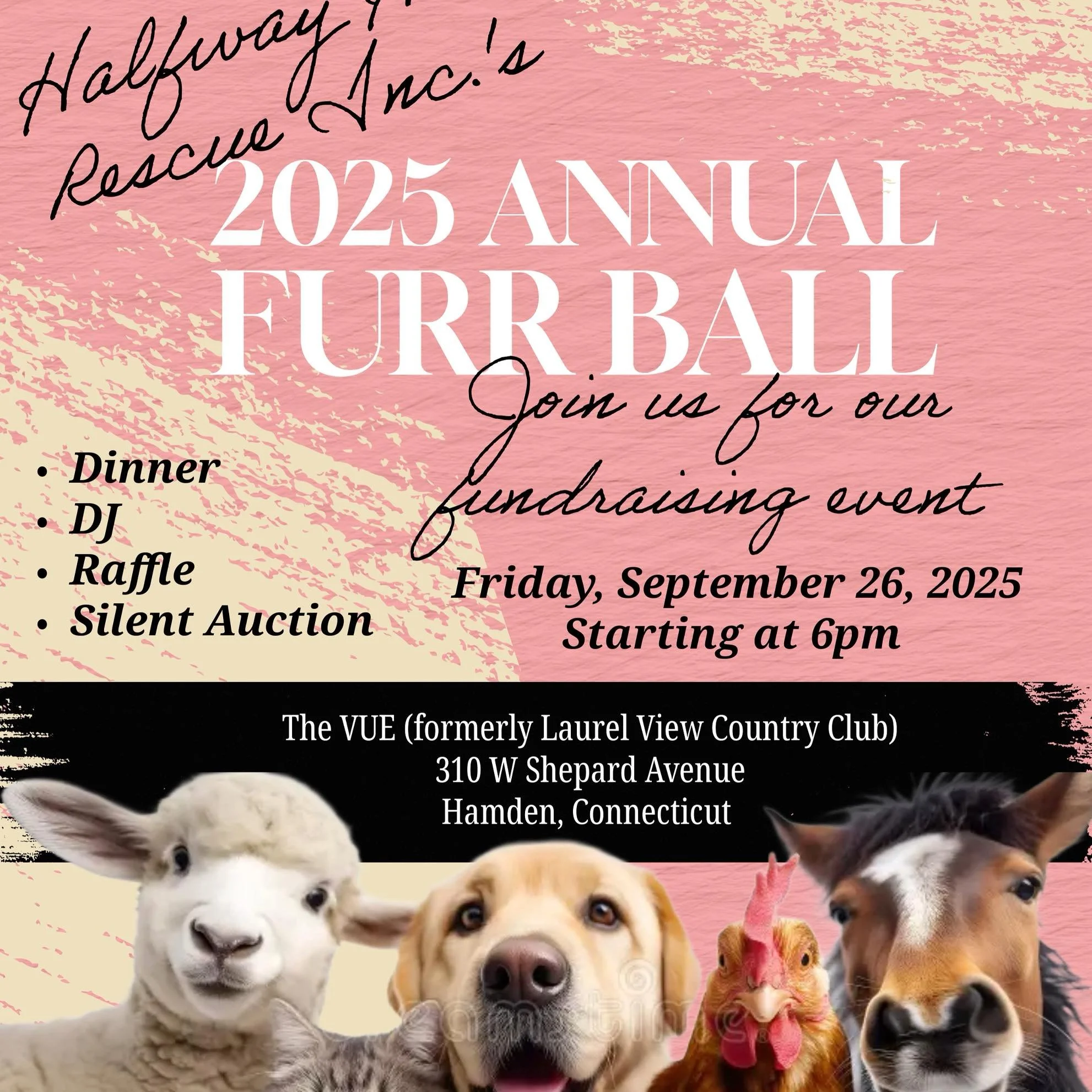 Pink background with black and white text and images of a sheep, dog, chicken, and horse promoting the 2025 Annual Furr Ball fundraiser event at The VUE in Hamden, Connecticut.