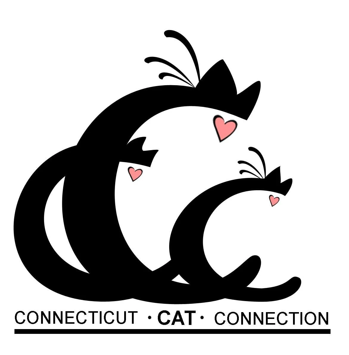 Stylized black letters 'C' and 'C' with cat ears, whiskers, and pink hearts, representing Connecticut Cat Connection logo.