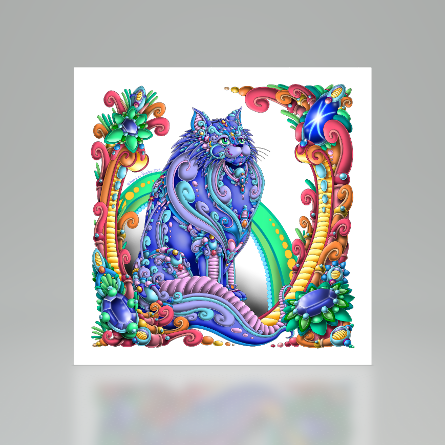 Colorful fantasy-style illustration of a blue, jewel-like tiger surrounded by vibrant, swirling foliage and plants.
