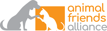 Logo of Animal Friends Alliance featuring a gray dog and white cat silhouette against an orange square, with the organization's name in orange and gray text.