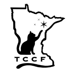 Outline map of Minnesota with a black cat silhouette, three stars, and the letters 'TCCF' underneath.