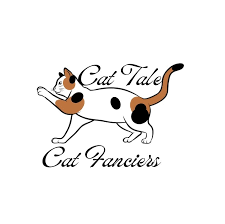 Logo featuring a playful calico cat lying down, with the text 'Cat Tales Cat Fancyers' written around it.