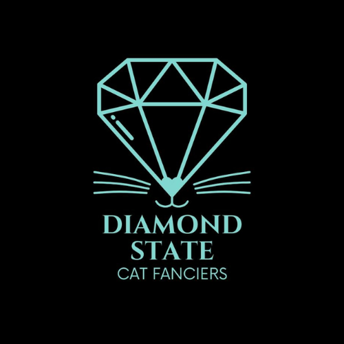 A logo with a diamond shape and cat whiskers beneath it, along with the text 'Diamond State Cat Fanciers'.