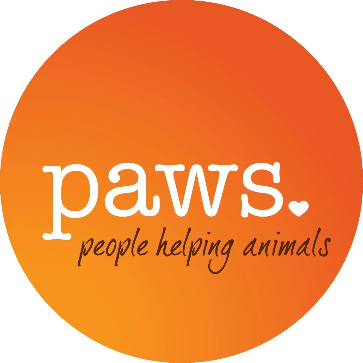 Orange circular logo with the word 'paws' in large white letters, a small white heart, and the phrase 'people helping animals' in black cursive below.
