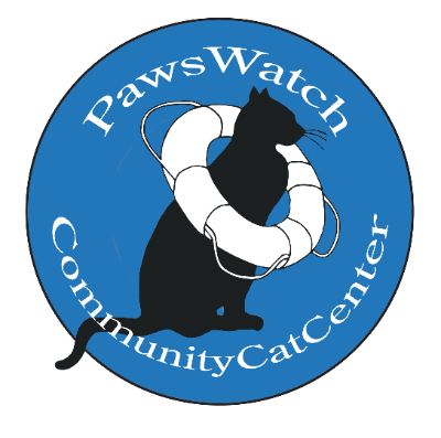 Logo of PawsWatch Community Cat Center featuring a silhouette of a black cat wrapped in a white life preserver inside a blue circle.