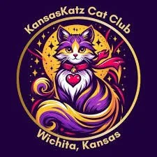 Logo of Kansas Katz Cat Club featuring a purple and white cat with wings and a heart on its chest, surrounded by stars and a crescent moon, with the text 'KansasKatz Cat Club Wichita, Kansas'.