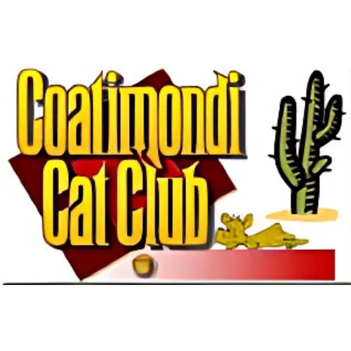 Logo for the Coalimondi Cat Club with stylized text, a cactus, and a lying cat.