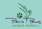Prairie Paws animal shelter logo featuring a dog and a cat silhouette with green grass and paw prints.