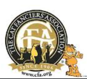 Logo for The Cat Fanciers' Association featuring a circular emblem with a black border, gold and white details, and illustrated cats, along with Garfield the cat in the bottom right corner.