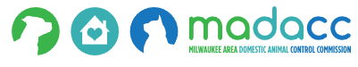 Logo of the Milwaukee Area Domestic Animal Control Commission (MADACC), featuring a dog, a cat, and a rabbit.