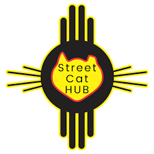 Logo for Street Cat Hub featuring a black circle with yellow plus signs and the words 'Street Cat Hub' inside a red heart in the center.