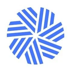Blue circular logo with alternating thick and thin diagonal stripes forming a flower-like pattern