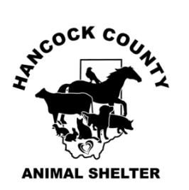 Hancock County Animal Shelter logo featuring a silhouette of a horse, dog, cat, and rabbit over a map outline of Hancock County.