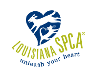 Louisiana SPCA logo featuring a blue heart with a white paw and hand, and the text 'Louisiana SPCA' and 'unleash your heart'.