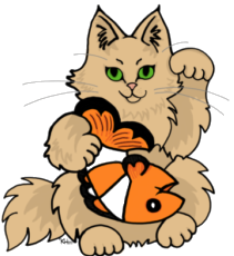 A cartoon kitten holding a fish in its paw and a fish-shaped plush toy.