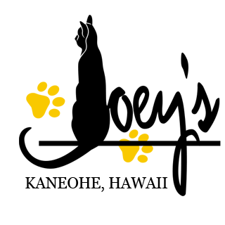 Silhouette of a cat with yellow paw prints and the text "Joey's" and "Kaneohe, Hawaii".