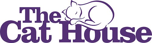Logo for The Cat House featuring a line drawing of a sleeping cat with the text 'The Cat House' in purple.