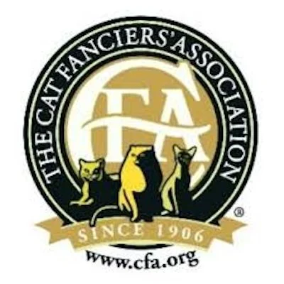 Logo of the Cat Fanciers' Association featuring three cats and the organization's website.