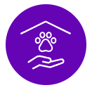 Stylized paw print with a hand underneath on a purple circular background.