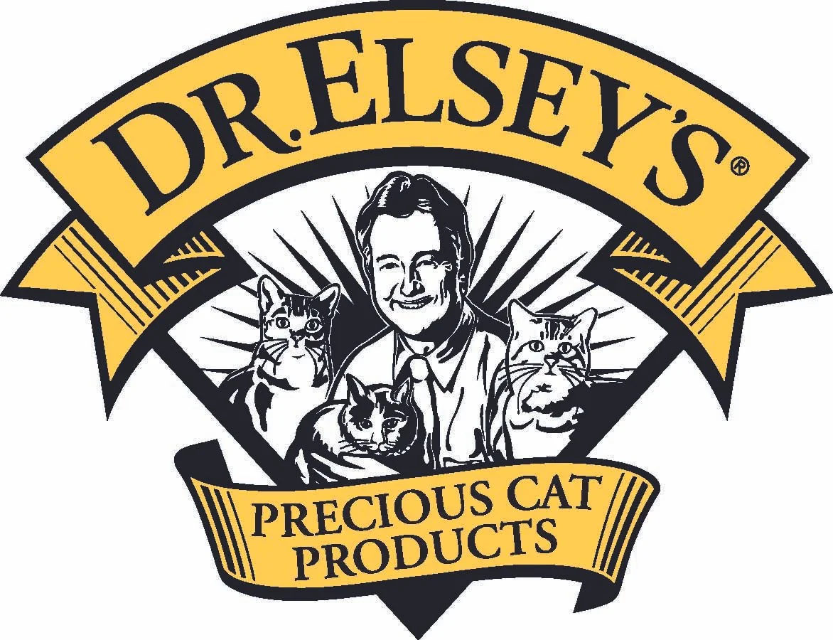 Logo for Dr. Elsey's Precious Cat Products, featuring a smiling man surrounded by four cats and a yellow banner with black text.