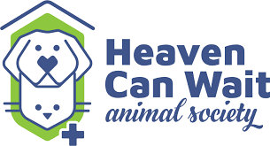 Logo for Heaven Can Wait Animal Society featuring a stylized dog face inside a house outline with a cross.