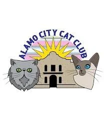 Logo of Alamo City Cat Club featuring two cats, one gray with green eyes and one cream and gray with blue eyes, a building, a sun, and a blue arc with the club's name.