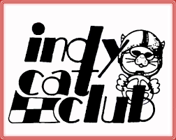 Logo for Indy Cat Club featuring stylized text and a cartoon cat wearing glasses.