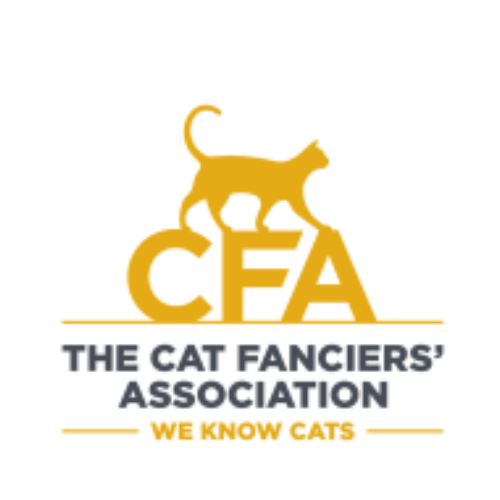 Logo for the Cat Fanciers' Association featuring a gold cat silhouette on top of the initials 'CFA' and text indicating it is an organization that knows cats.