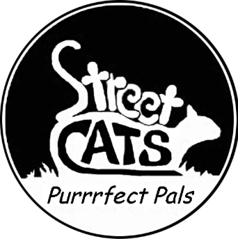 Logo with the words "Street Cats" and "Purrfect Pals" beneath a silhouette of a cat and a dog inside a black circular border.