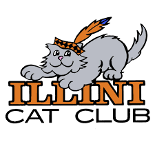 A gray cartoon cat wearing a feathered headdress, with the text 'ILLINI CAT CLUB' below.