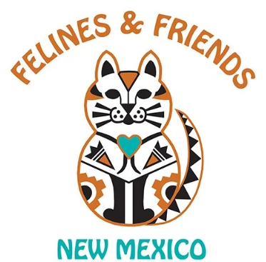 Logo featuring a stylized cartoon tiger with black, white, and orange stripes holding a blue heart. Above the tiger, it says 'Felines & Friendos' in brown text. Below, it says 'New Mexico' in turquoise text.