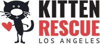 Cartoon black kitten with a white face, holding a red heart, and the words 'KITTEN RESCUE LOS ANGELES' in black and red text.