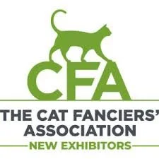 Logo of The Cat Fanciers' Association with a green cat silhouette standing above the acronym CFA, and text indicating new exhibitors.