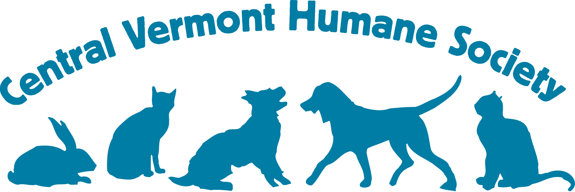 Silhouettes of five different animals - a rabbit, a cat, a dog, a larger dog, and a cat, with the text 'Central Vermont Humane Society' arched above
