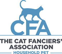Logo of the Cat Fanciers' Association featuring a blue cat silhouette sitting on the letters 'CFA' with the text 'THE CAT FANCIERS' ASSOCIATION' and 'HOUSEHOLD PET' underneath.