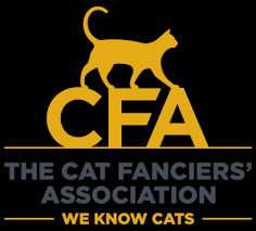 Logo of The Cat Fanciers' Association featuring a gold cat silhouette above black and gold letters 'CFA' and text 'We Know Cats'.